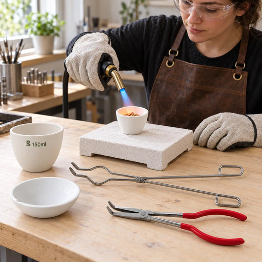 Jeweler using PHYHOO ceramic crucible melting kit with torch on firebrick to melt metal - complete set with crucibles, stainless steel tongs, and bent-nose pliers on workbench