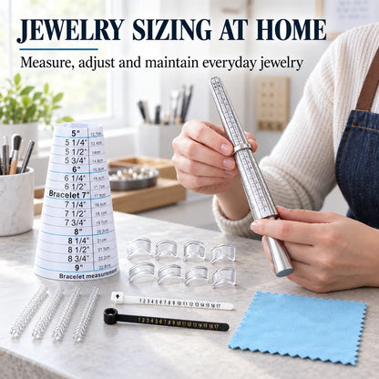 PHYHOO ring and bracelet sizing kit full component layout showing bracelet measuring cone, metal ring mandrel, finger gauges, ring adjuster clips, spiral coils and blue polishing cloth on white background