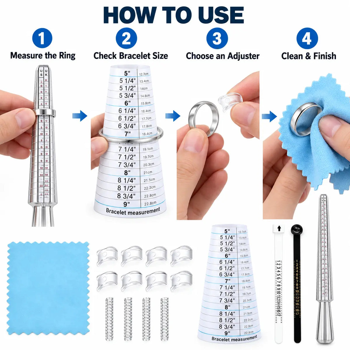 How to use PHYHOO ring and bracelet sizing kit - 4 steps: measure the ring with mandrel, check bracelet size on cone, choose a fit adjuster, and clean and finish with polishing cloth