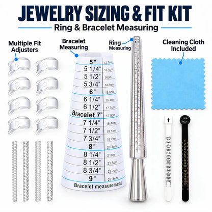 PHYHOO ring and bracelet sizing kit components - bracelet measuring cone 5 to 9 inches, metal ring mandrel with US and UK scales, 8 adjuster clips, 4 spiral coils and polishing cloth
