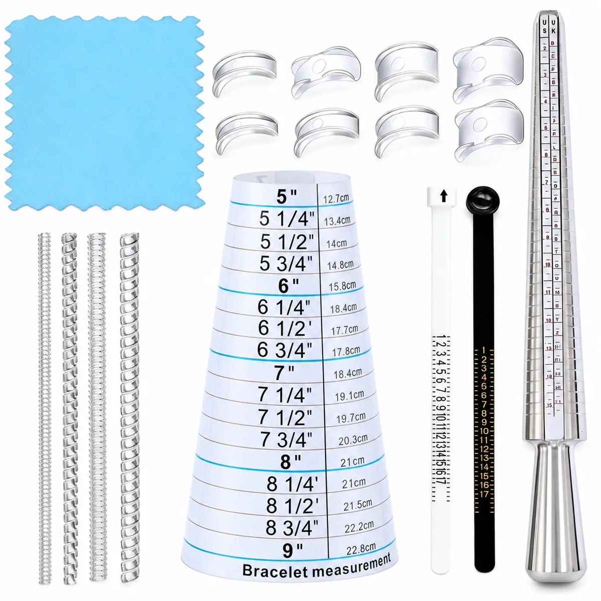 PHYHOO jewelry sizing and fit kit showing ring bracelet measuring cone metal mandrel finger gauges ring adjuster clips spiral coils and polishing cloth