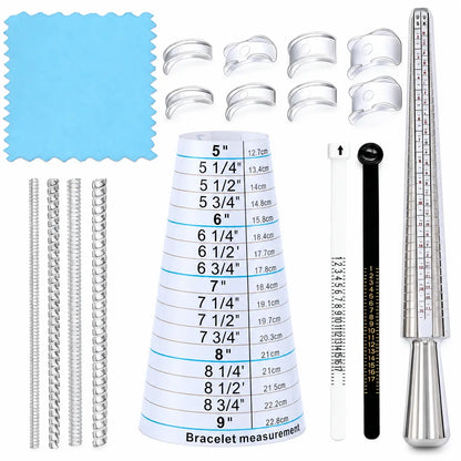PHYHOO jewelry sizing and fit kit showing ring bracelet measuring cone metal mandrel finger gauges ring adjuster clips spiral coils and polishing cloth