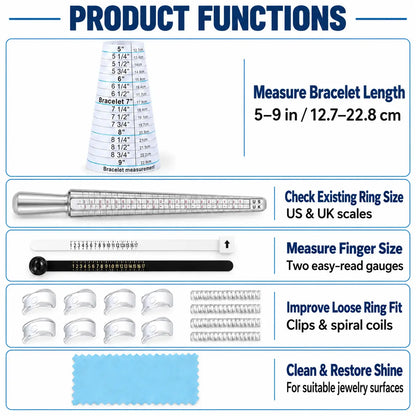 PHYHOO ring and bracelet sizing kit functions - measure bracelet length 5 to 9 inches, check existing ring size with US and UK scales, measure finger size with two gauges, improve loose ring fit with clips and spiral coils, clean and restore shine with polishing cloth