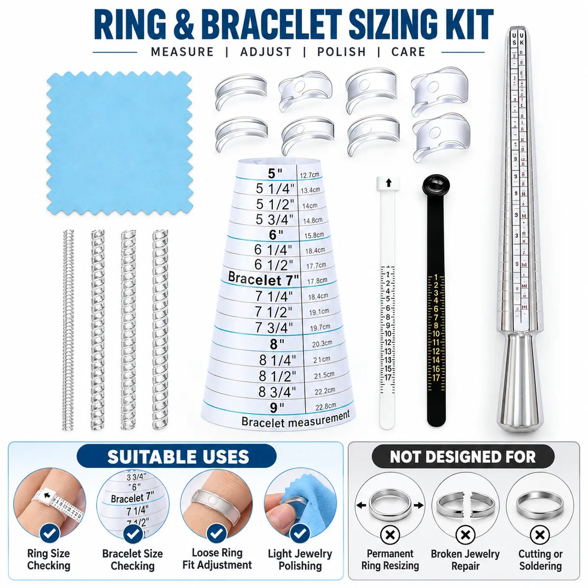 PHYHOO ring and bracelet sizing kit suitable uses - ring size checking, bracelet size checking, loose ring fit adjustment and light jewelry polishing; not designed for permanent resizing, broken jewelry repair or cutting and soldering
