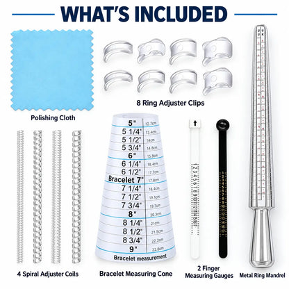 What is included in PHYHOO ring and bracelet sizing kit - 1 metal ring mandrel, 1 bracelet measuring cone, 2 finger measuring gauges black and white, 8 ring adjuster clips, 4 spiral adjuster coils and 1 polishing cloth