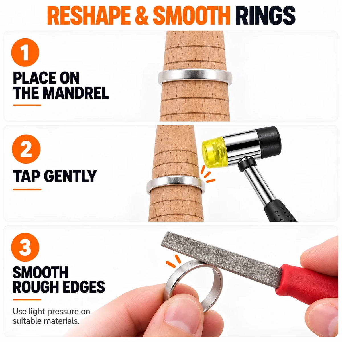 How to reshape bent rings with wooden mandrel, rubber mallet, and smooth rough edges using flat needle file