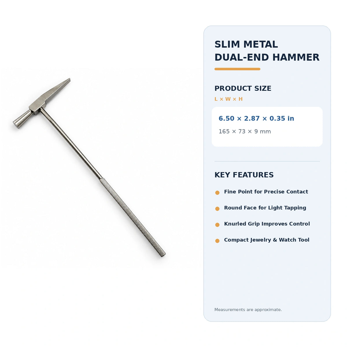 PHYHOO slim metal dual-end watchmaker hammer specifications measuring 165 x 73 x 9 mm with knurled non-slip grip and fine point