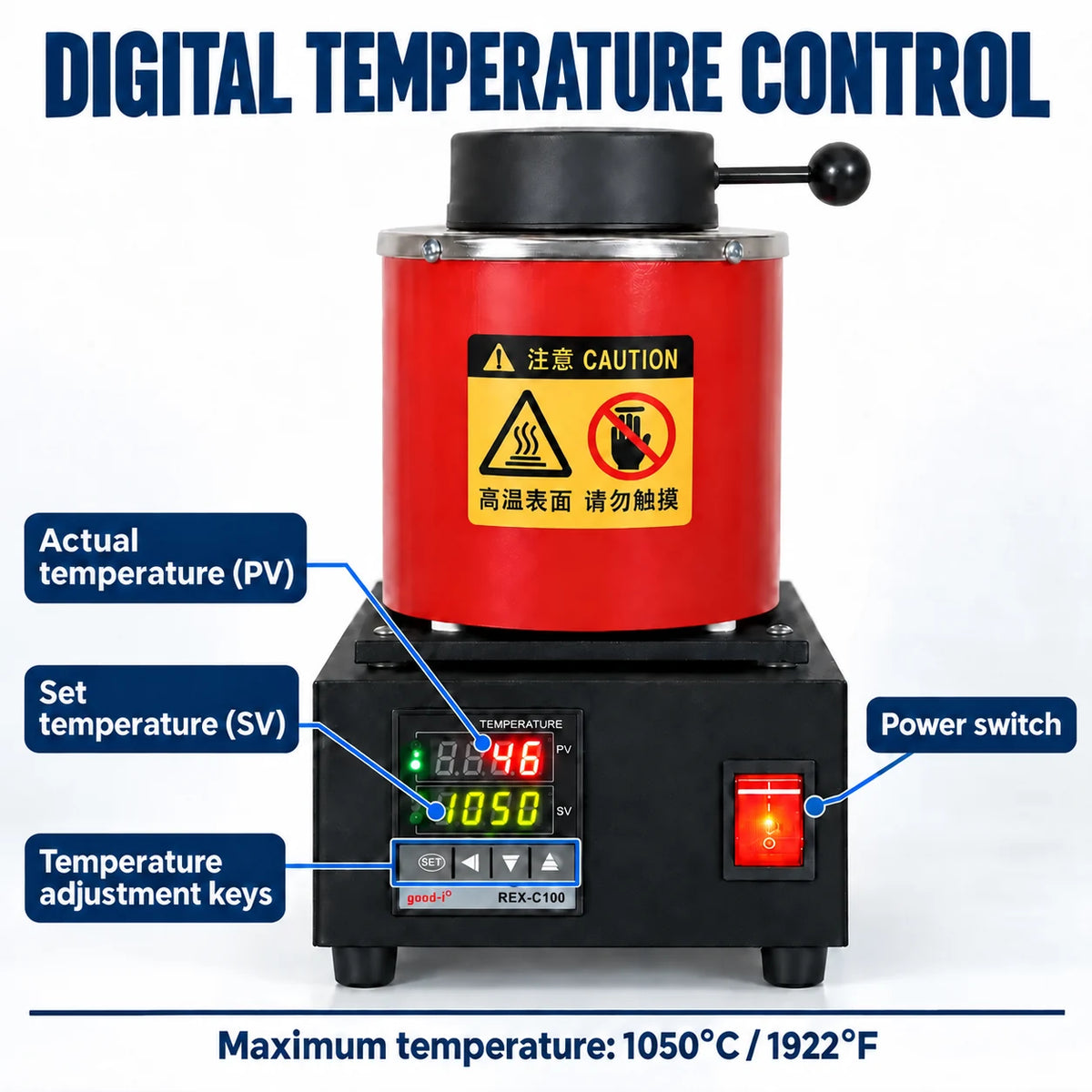 Cylinder gold melting furnace digital temperature controller with actual (PV) and set (SV) temperature display, adjustment keys and power switch, max 1050°C (1922°F)