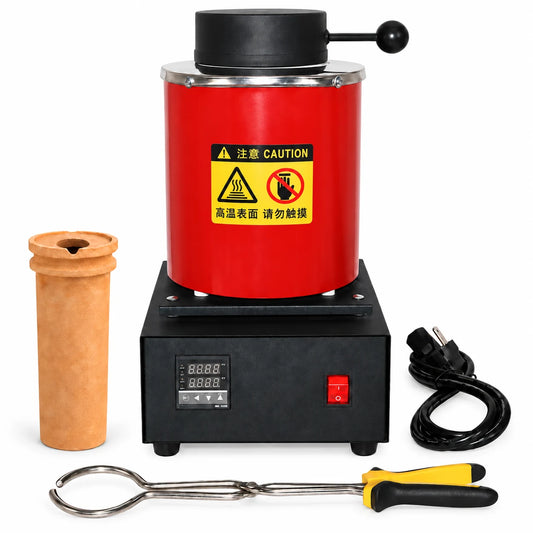 Red cylinder electric gold melting furnace 1150°C with ceramic crucible, tongs and power cord
