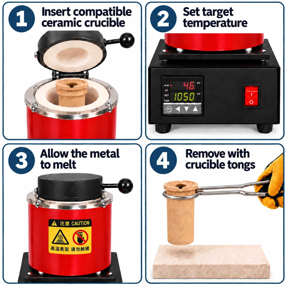 How to use a cylinder gold melting furnace: insert crucible, set temperature, melt metal and remove with tongs