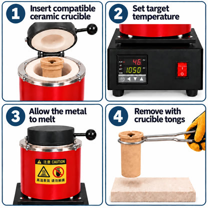 How to use a cylinder gold melting furnace: insert crucible, set temperature, melt metal and remove with tongs