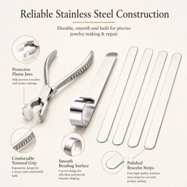 PHYHOO bracelet making tool kit showing protective plastic jaws, textured grip handle, smooth bending surface, and polished stainless steel strips