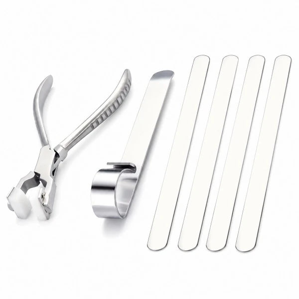 PHYHOO bracelet making tool kit with plastic jaw pliers, curved bending tool, and 4 flat stainless steel bracelet strips