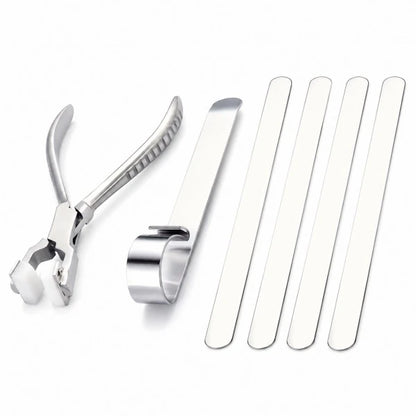 PHYHOO bracelet making tool kit with plastic jaw pliers, curved bending tool, and 4 flat stainless steel bracelet strips