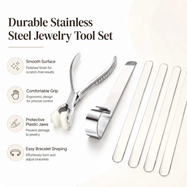 PHYHOO stainless steel jewelry tool set features smooth surface, comfortable grip, protective plastic jaws, and easy bracelet shaping