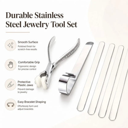 PHYHOO stainless steel jewelry tool set features smooth surface, comfortable grip, protective plastic jaws, and easy bracelet shaping