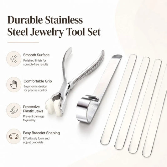 PHYHOO stainless steel jewelry tool set features smooth surface, comfortable grip, protective plastic jaws, and easy bracelet shaping