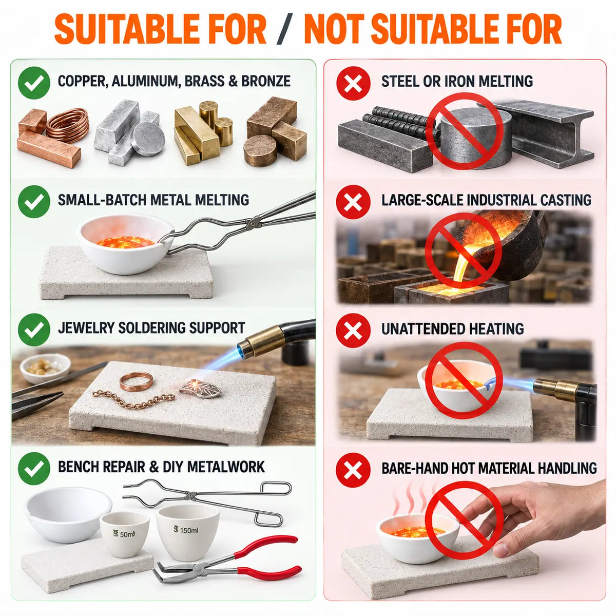 PHYHOO ceramic crucible melting kit suitable for copper, brass, bronze, and small-batch jewelry melting - not suitable for steel, iron, or large-scale industrial casting