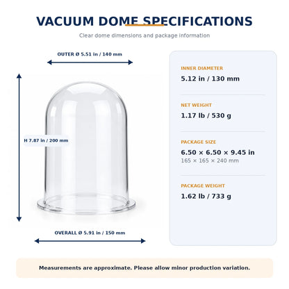 PHYHOO clear acrylic vacuum dome bell jar dimensions and specifications for jewelry casting machine - outer diameter 140mm, height 200mm, base flange 150mm
