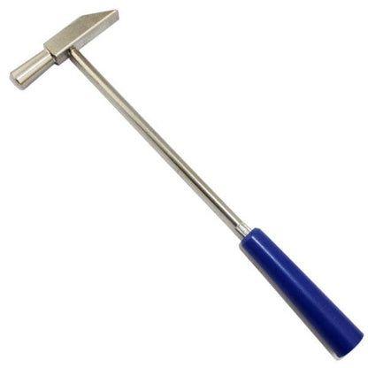 Mini steel watchmaker hammer with blue rubberized handle and chisel peen head for watch band link pin adjustment