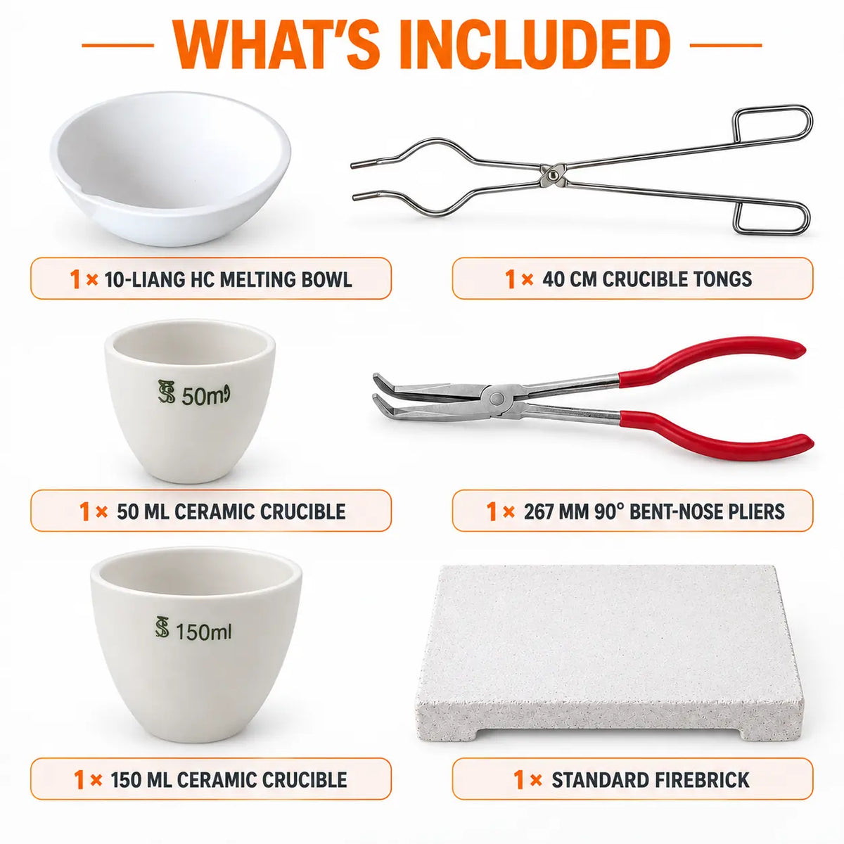 PHYHOO ceramic crucible melting kit contents - 10-liang melting bowl, 40cm crucible tongs, 50ml ceramic crucible, 150ml ceramic crucible, 267mm 90-degree bent-nose pliers, and standard firebrick